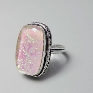 Vintage Pink Glass Rectangle Ring, Bezel Set Silver Tone Size 8 Band, Estate
